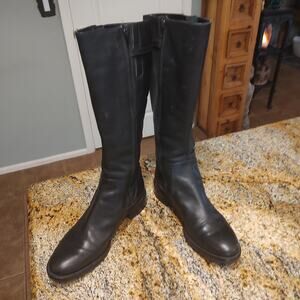 Ecco Boots Womens Size 39 Black Leather Tall Riding Knee High Buckle Zip Shoes